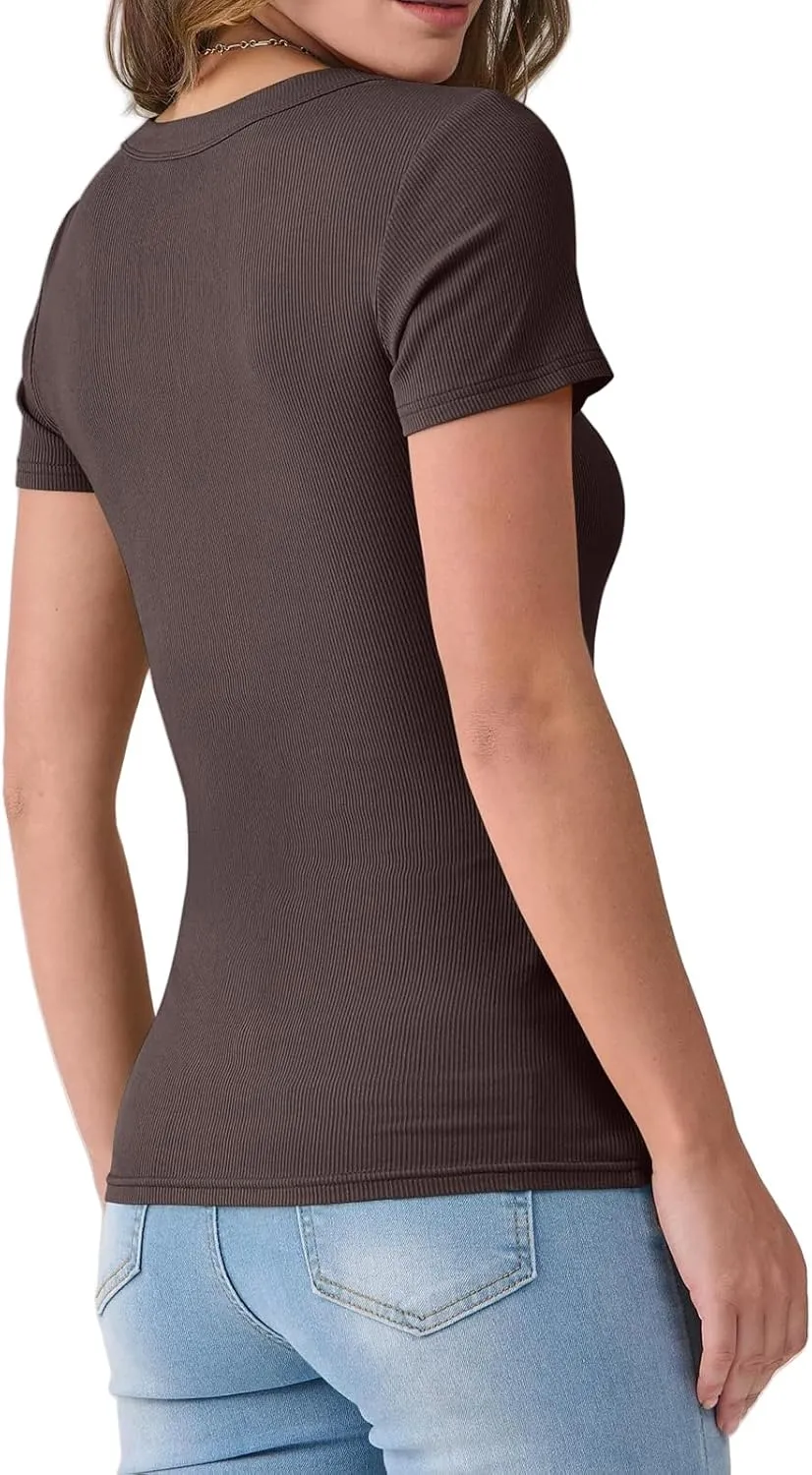 V Neck T Shirts for Women Short Sleeve Slim Fit Tops Casual Solid Color Basic T Shirts 2025 Going Out Outfits
