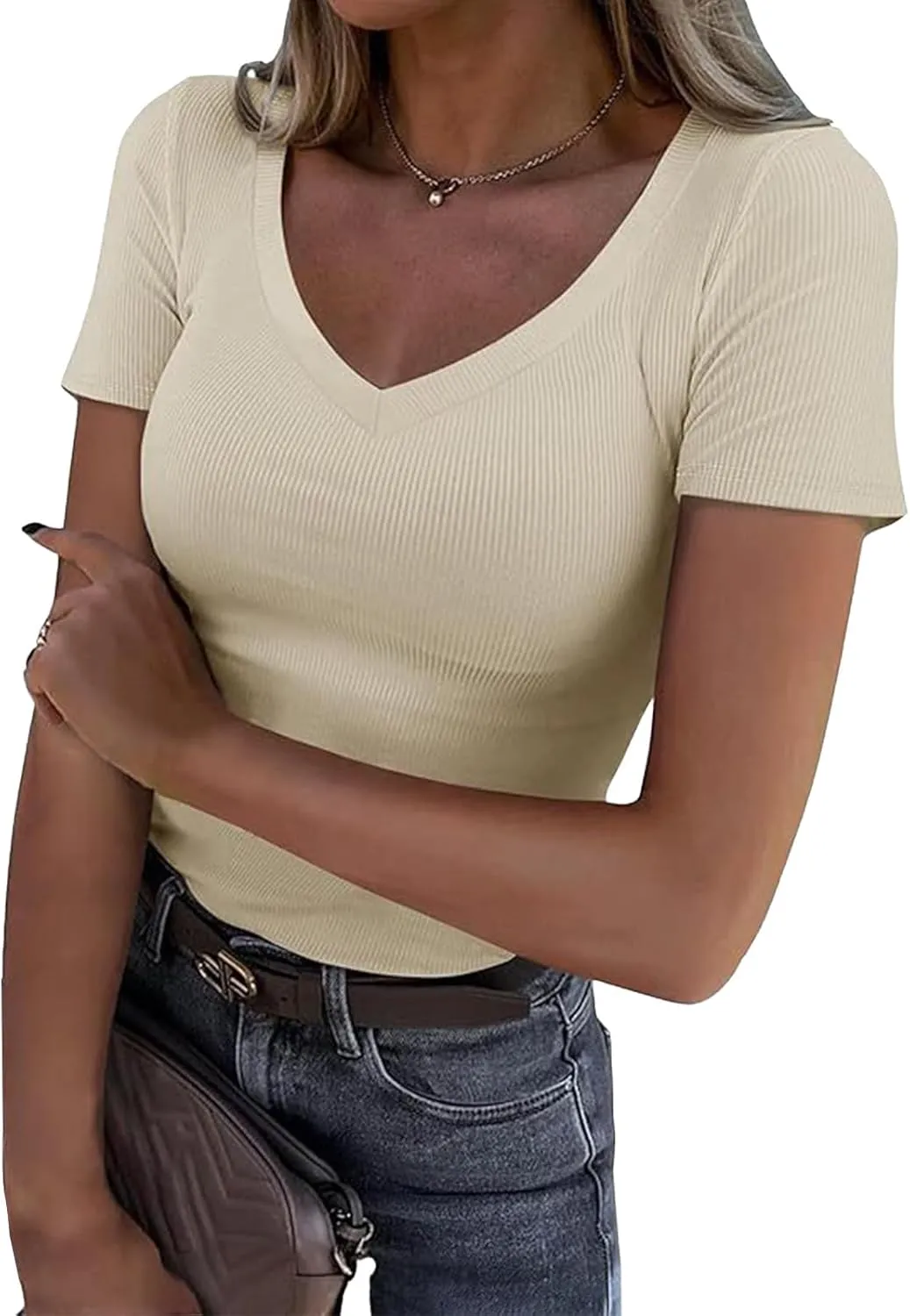 V Neck T Shirts for Women Short Sleeve Slim Fit Tops Casual Solid Color Basic T Shirts 2025 Going Out Outfits