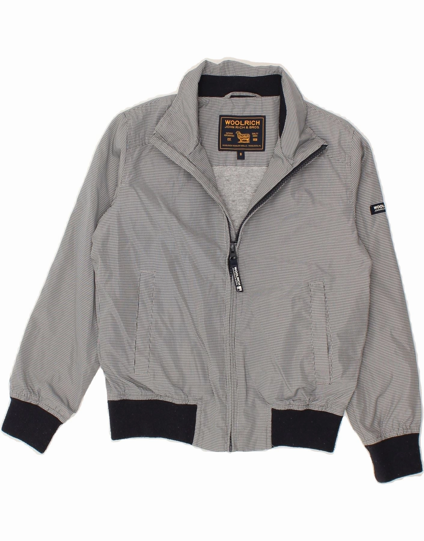 WOOLRICH Boys Bomber Jacket 7-8 Years Grey Check Polyester Durable Quality Temperature Adaptive Fabric