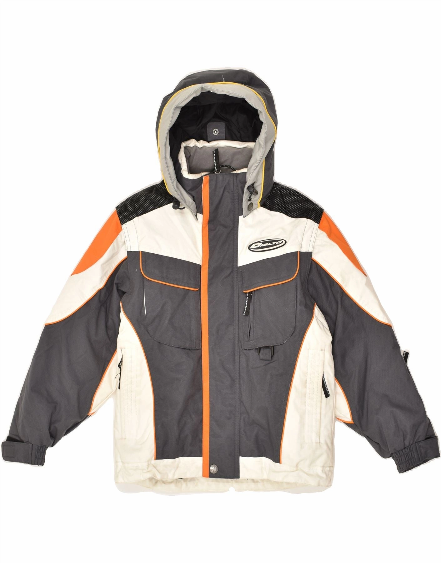 VINTAGE Boys Graphic Hooded Windbreaker Jacket 9-10 Years Grey Colourblock Belted Hiking Style