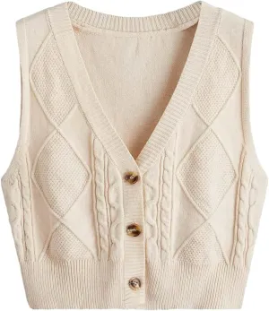 Verdusa Women's Button Up Sleeveless Sweater Vest Cable Knit Crop Top Outerwear