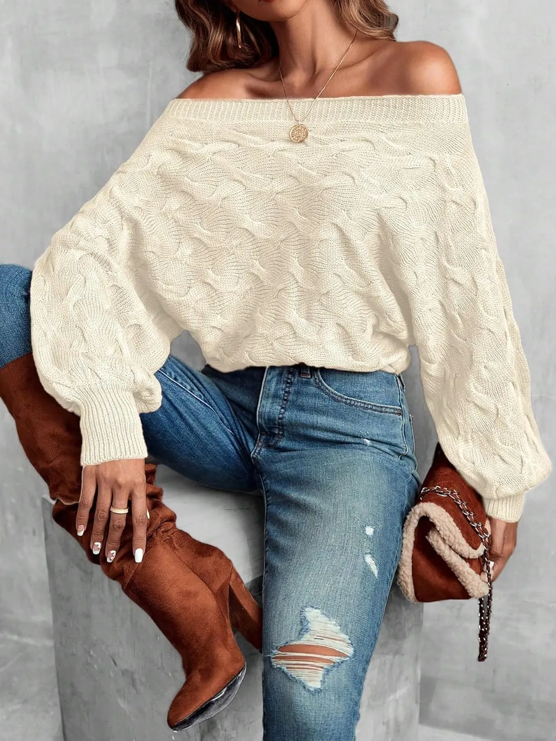 Verdusa Women's Off The Shoulder Sweater Top Dolman Sleeve Textured Knit Pullover Sweaters