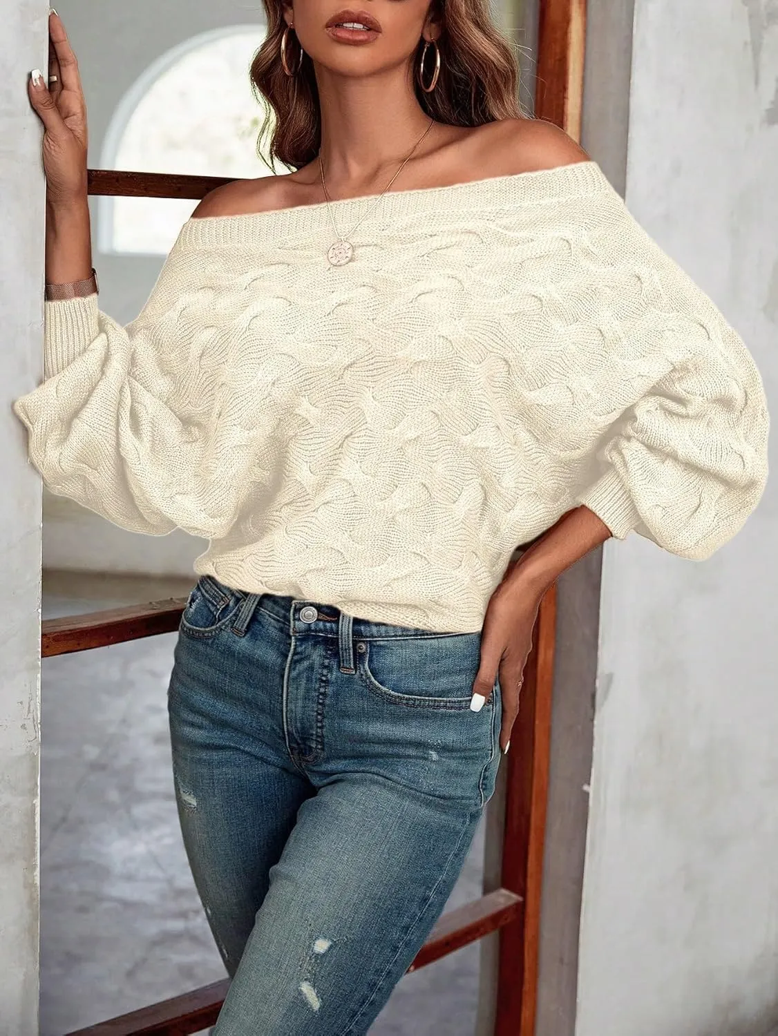 Verdusa Women's Off The Shoulder Sweater Top Dolman Sleeve Textured Knit Pullover Sweaters