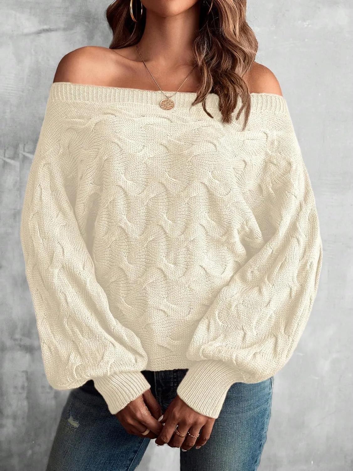 Verdusa Women's Off The Shoulder Sweater Top Dolman Sleeve Textured Knit Pullover Sweaters