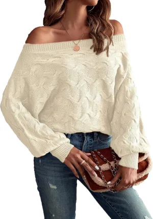 Verdusa Women's Off The Shoulder Sweater Top Dolman Sleeve Textured Knit Pullover Sweaters