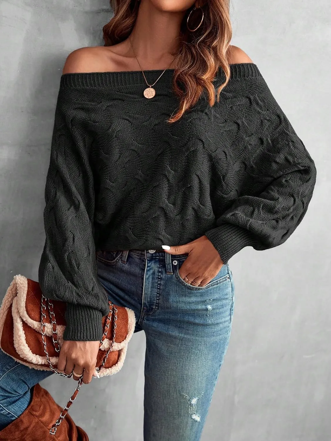Verdusa Women's Off The Shoulder Sweater Top Dolman Sleeve Textured Knit Pullover Sweaters