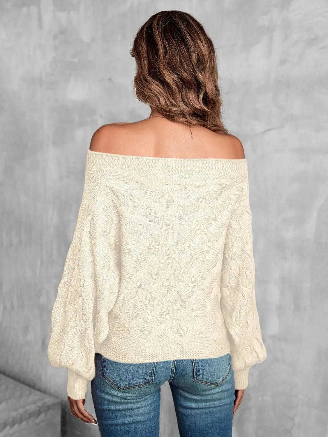 Verdusa Women's Off The Shoulder Sweater Top Dolman Sleeve Textured Knit Pullover Sweaters