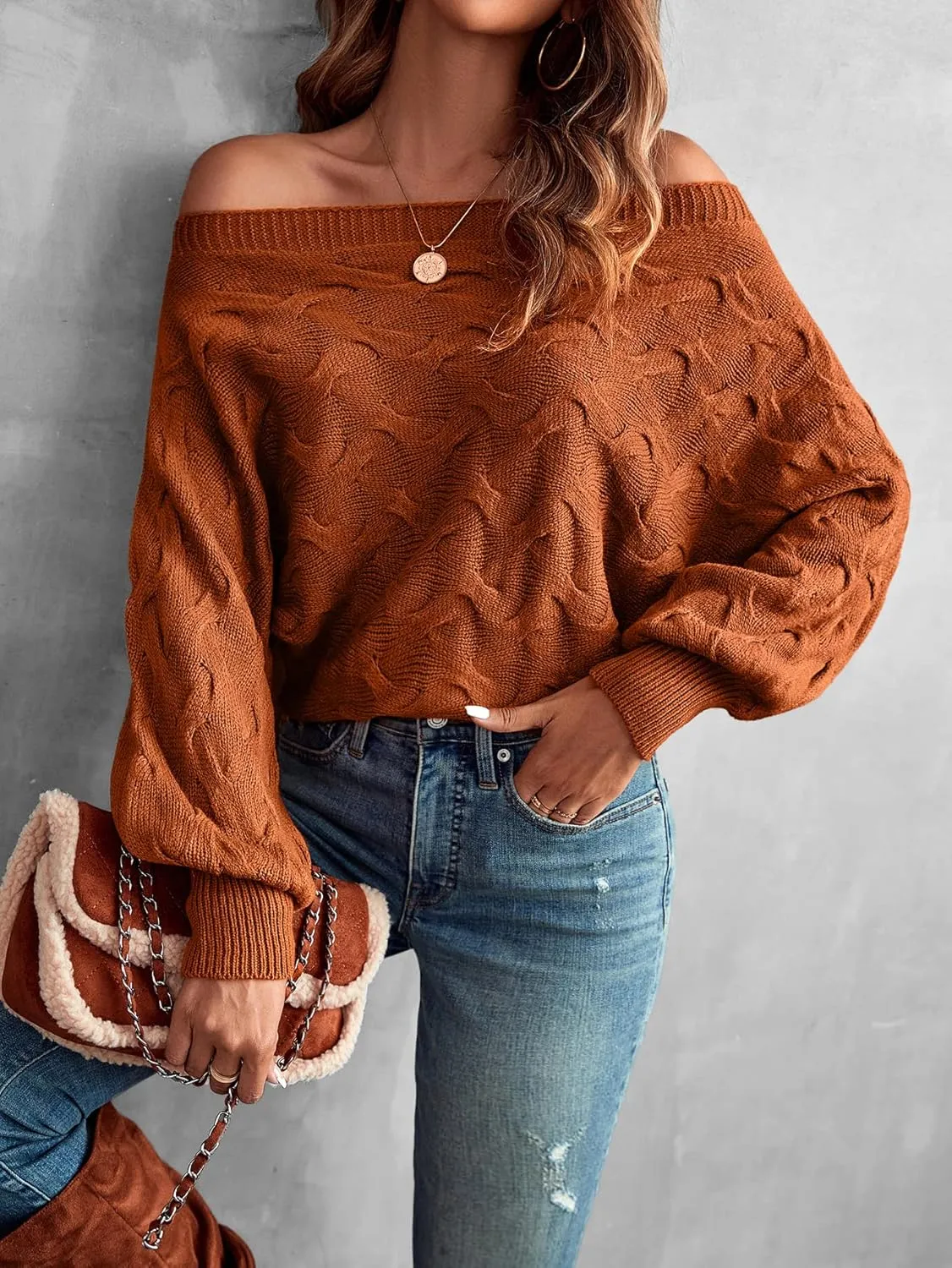 Verdusa Women's Off The Shoulder Sweater Top Dolman Sleeve Textured Knit Pullover Sweaters