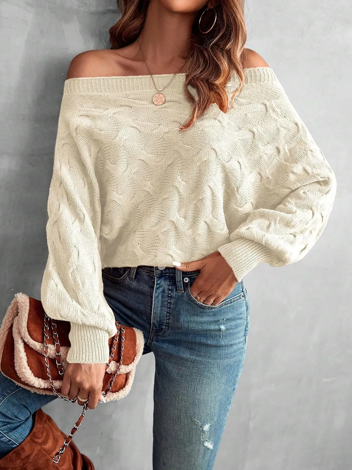 Verdusa Women's Off The Shoulder Sweater Top Dolman Sleeve Textured Knit Pullover Sweaters