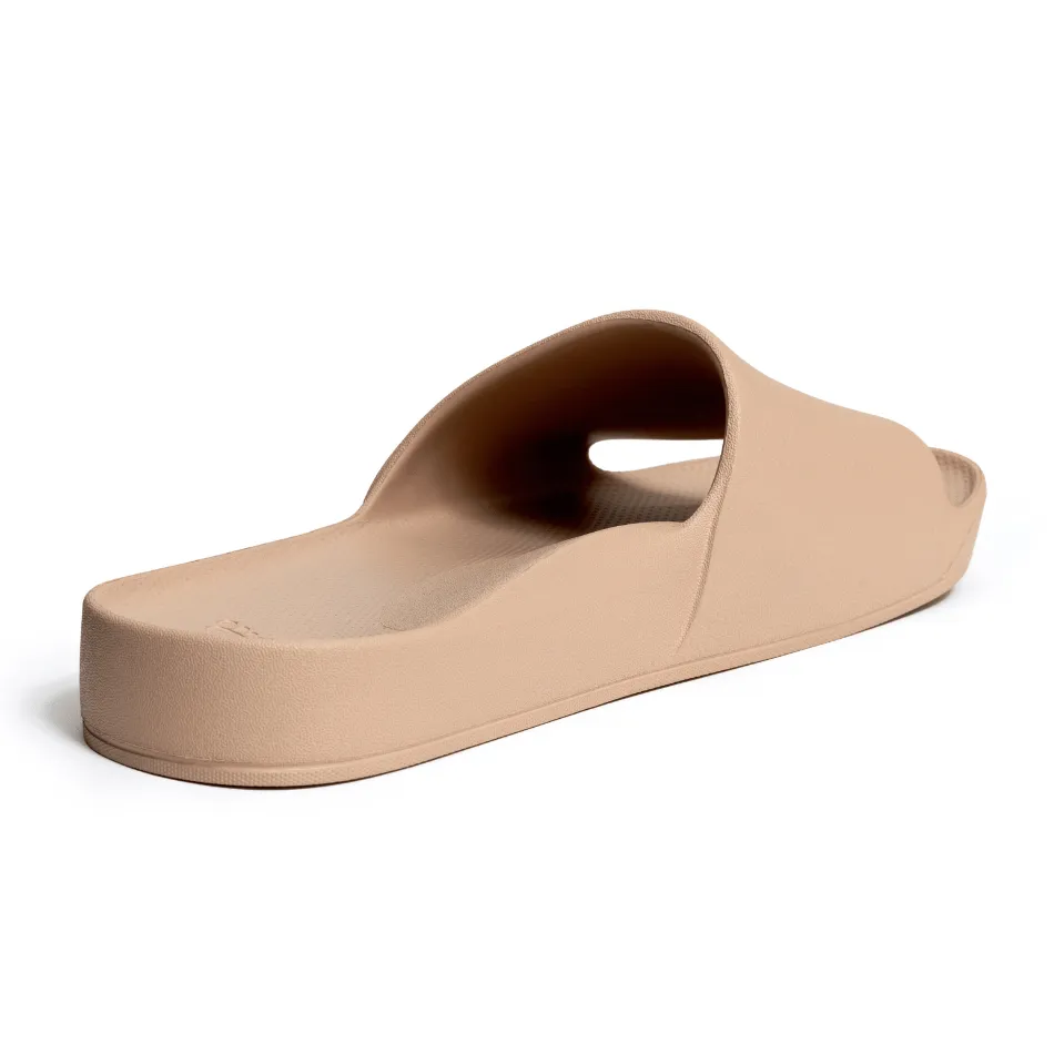 narrow - toe - box shoes Archies Arch Support Slides in Tan