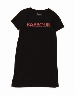 BARBOUR Girls Graphic T-Shirt Dress 8-9 Years Medium Black Cotton Elegant Layering