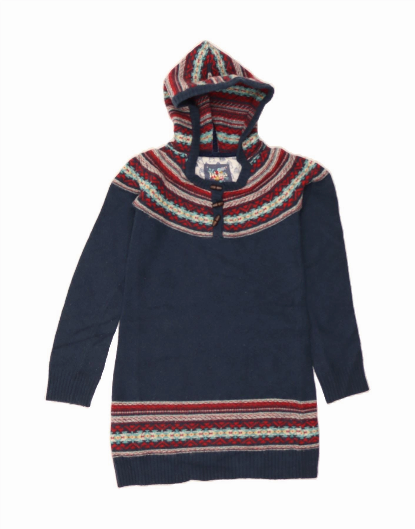 FAT FACE Girls Hooded Jumper Dress 12-13 Years Navy Blue Fair Isle Mid Fit