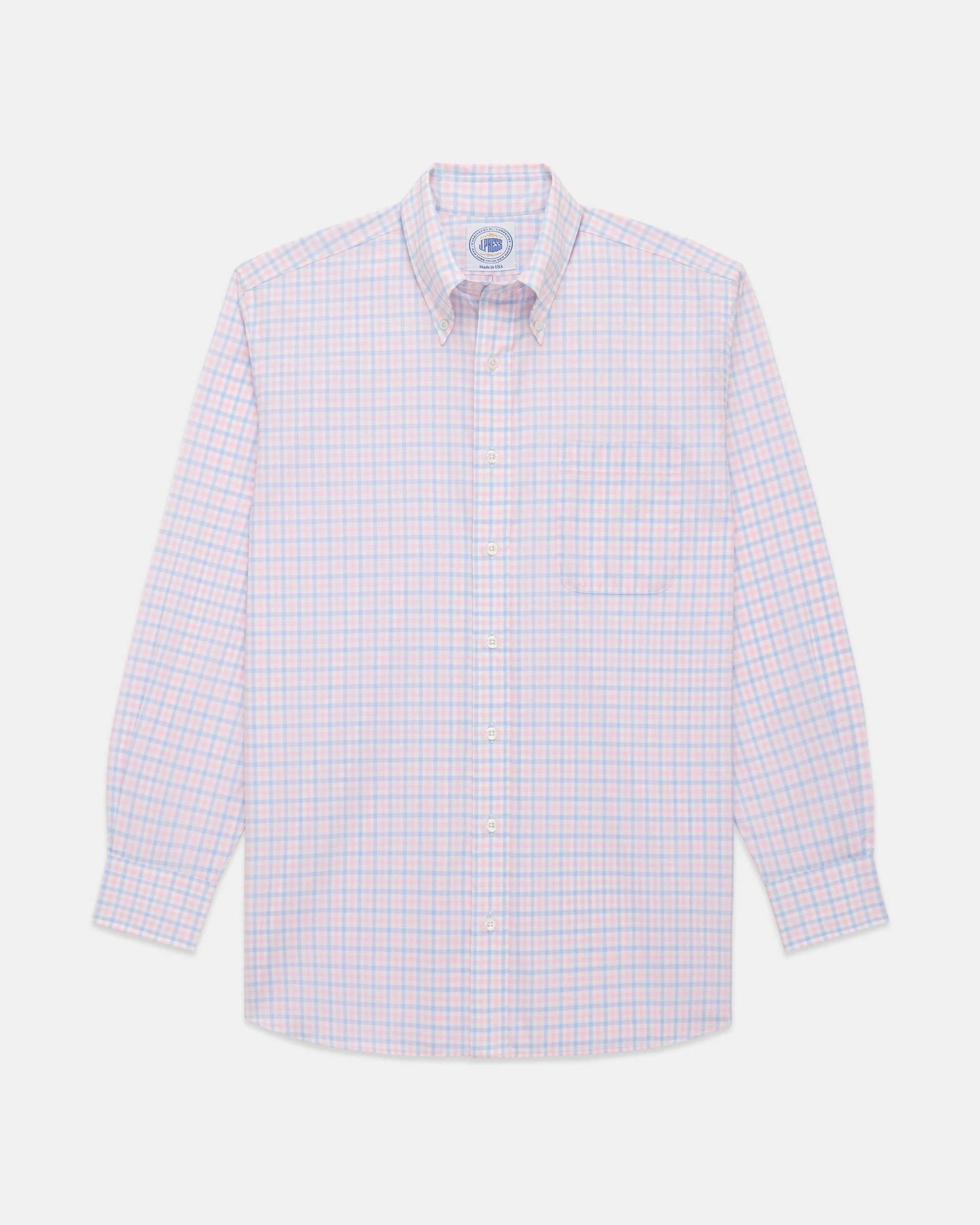 Made-in-USA Thomas Mason Blue & Pink Check Button Down Shirt - Regular Fit Inner Layer Round Collar