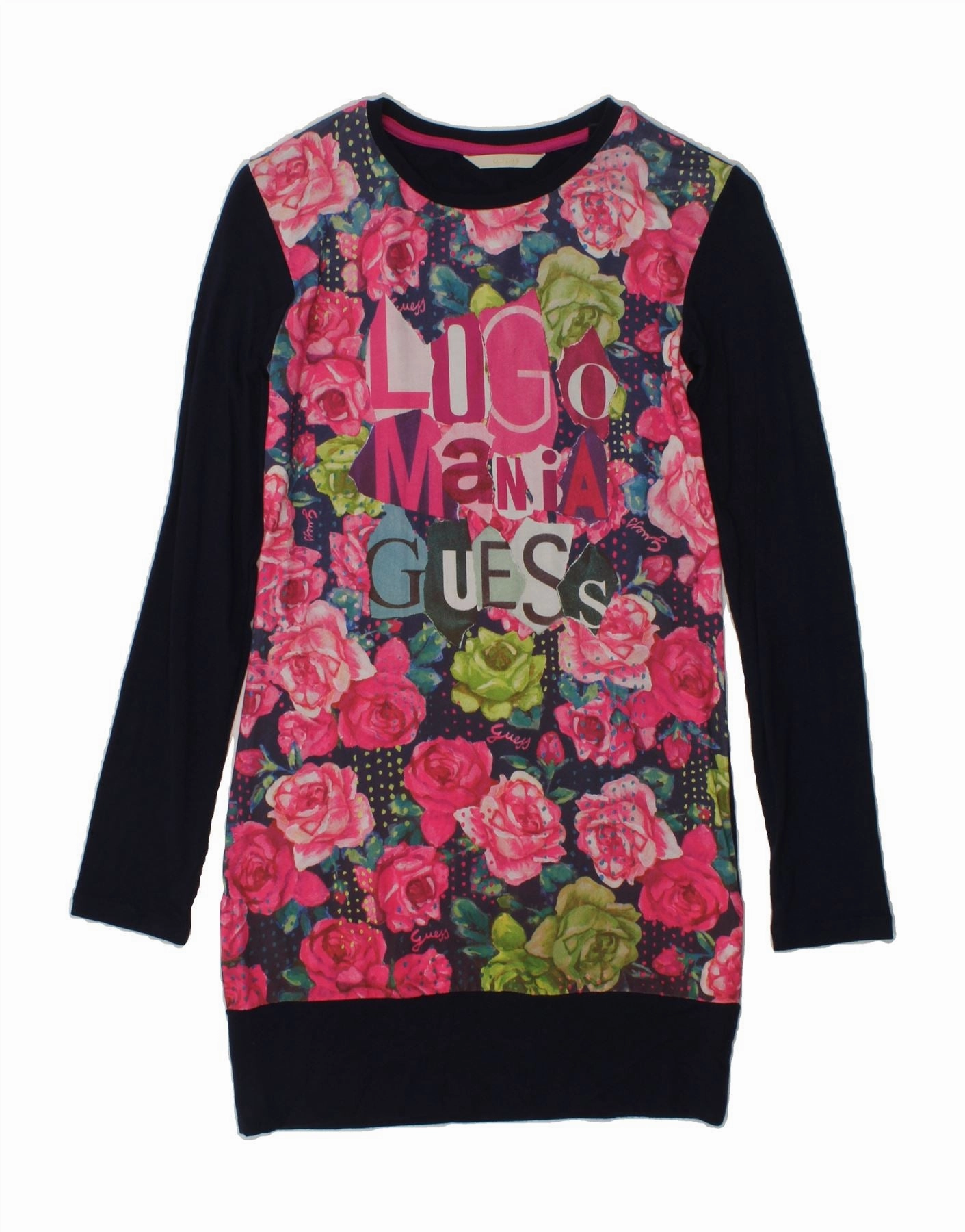 GUESS Girls Jumper Dress 9-10 Years Navy Blue Floral Cotton Gentle Drape Night Ready