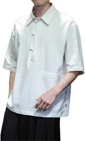 Vintage Lapel Summer Shirt for Men Cotton Linen Material Comfortable Breathable T-Shirt Tang Short-Sleeved Shirt