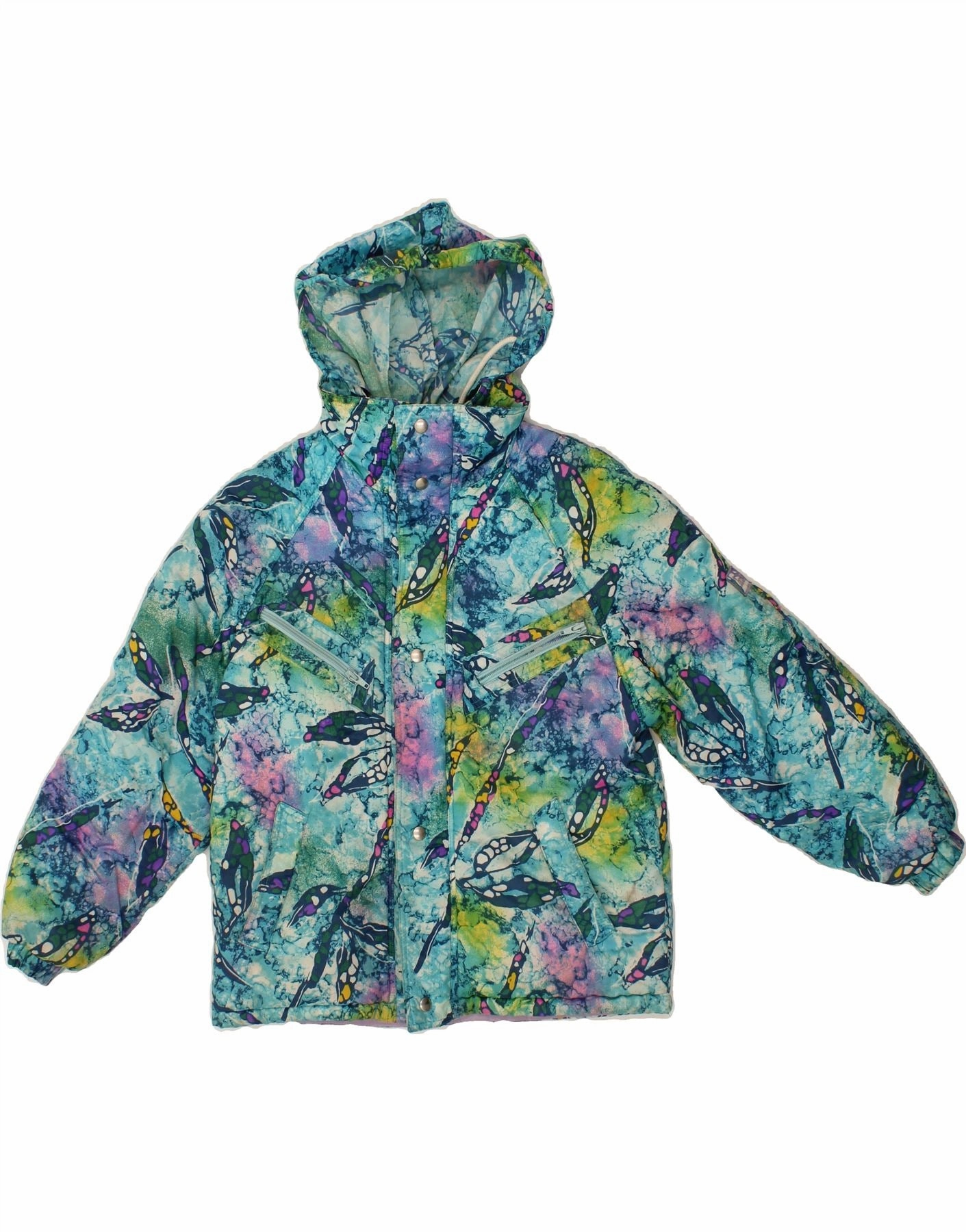 VINTAGE Boys Abstract Pattern Hooded Windbreaker Jacket 15-16 Years Blue Layer Focus Camping Trip