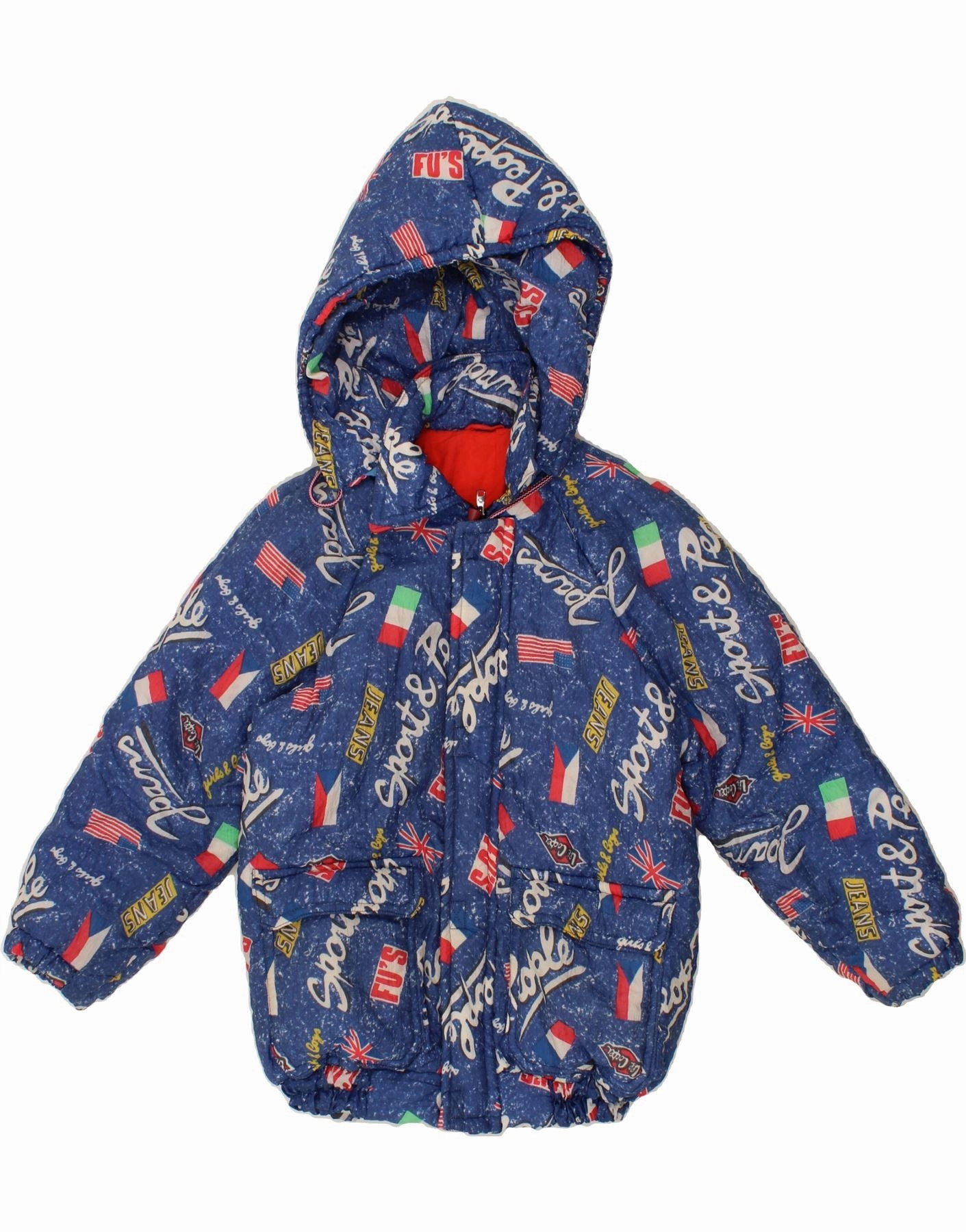 Adjustable Hem Windproof Design VINTAGE Boys Graphic Hooded Padded Jacket 11-12 Years Blue
