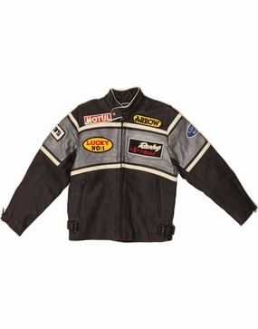 Vision Checked VINTAGE Boys Graphic Leather Jacket 7-8 Years Black