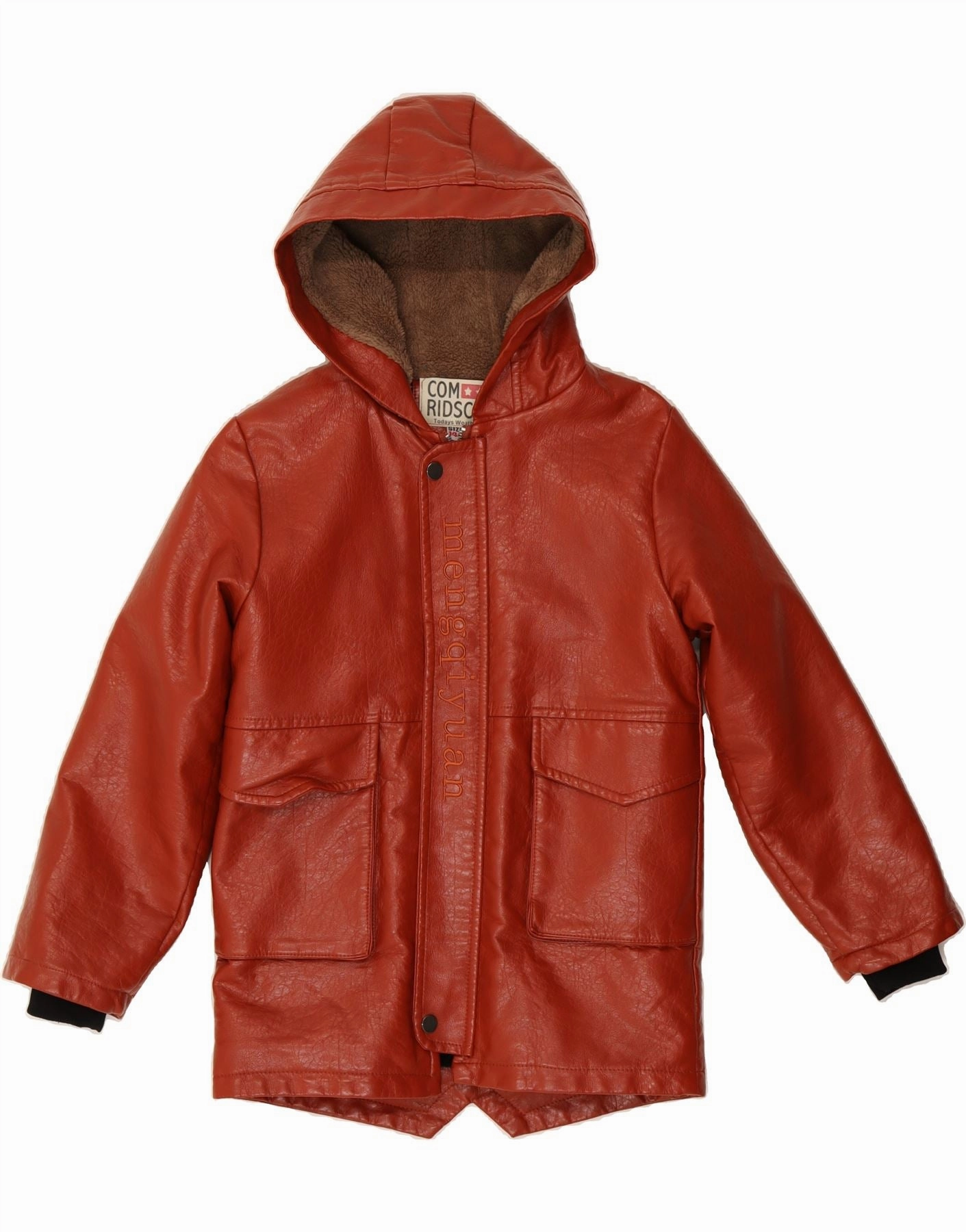 New Arrival VINTAGE Boys Hooded Faux Leather Windbreaker Jacket 9-10 Years Red