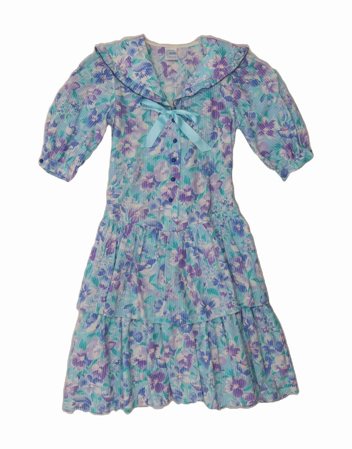VINTAGE Girls A-Line Dress 11-12 Years Blue Floral Cotton Tonal-Panel Everyday Movement