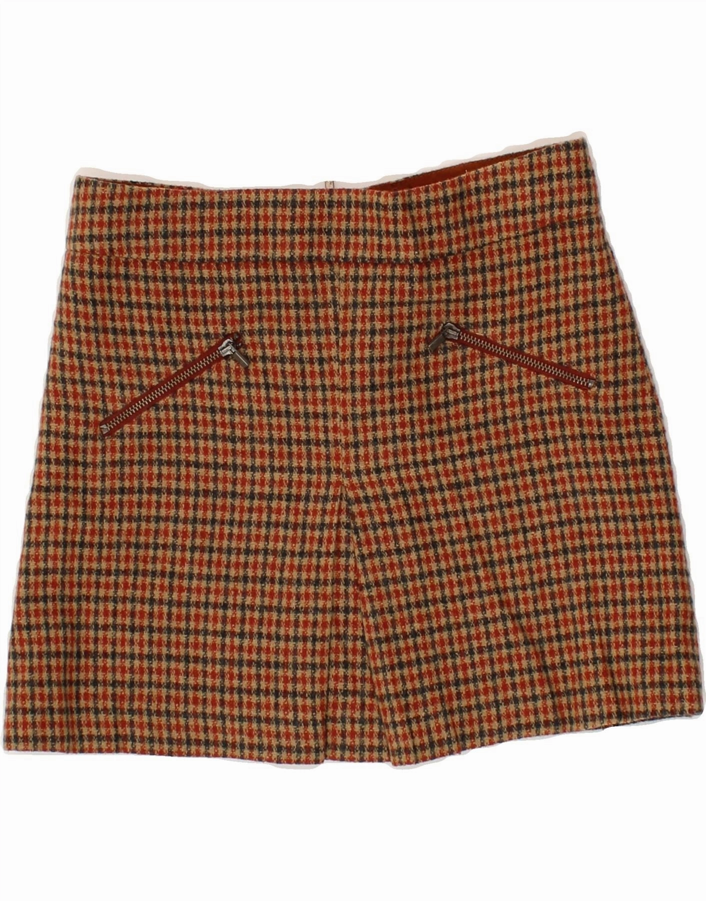 VINTAGE Girls Mini Skirt 9-10 Years W26  Brown Check Polyester Light Base Removable-Straps