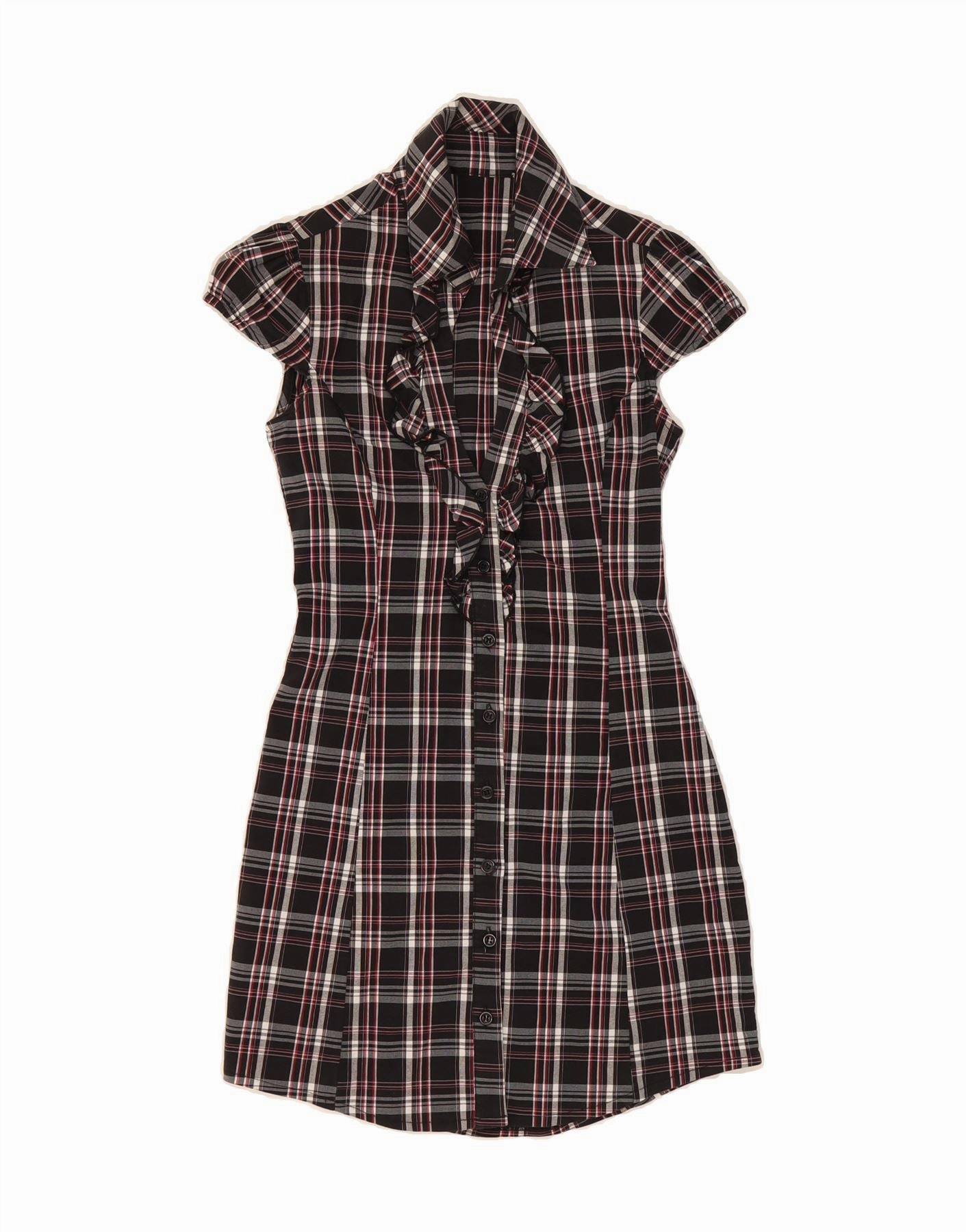 Edge Detail VINTAGE Girls Ruffle Front Shirt Dress 11-12 Years Black Check