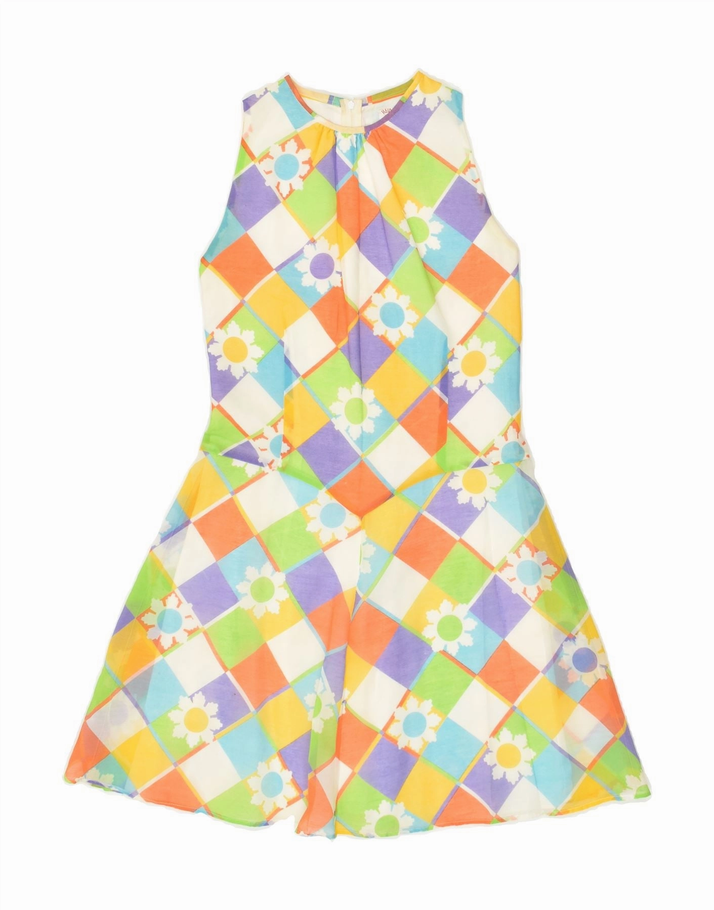 VINTAGE Girls Sleeveless A-Line Dress 13-14 Years Multicoloured Geometric All-Day Comfort Wear Essential Style