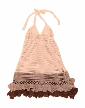 VINTAGE Girls Sleeveless Crochet Halter Dress 5-6 Years Pink Colourblock Color-Blocked