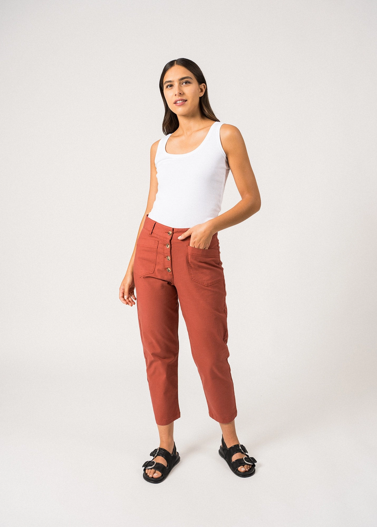 Linen blend Neutral Tone SALOME - High-Waisted Mom-Fit Pants (TERRACOTTA)
