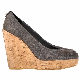 Stuart Weitzman Cork Wedge Platform Pumps in Silver Glitter Lurex Cushioned Insole