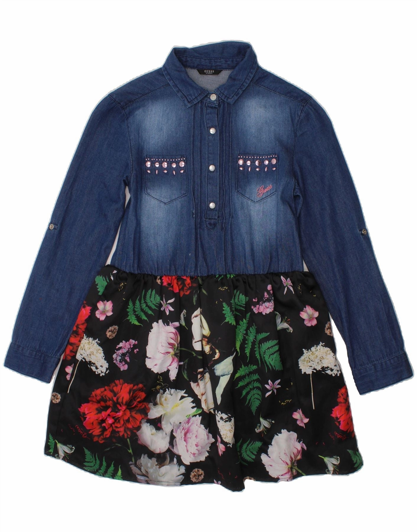 Casual weekend dress Year Round GUESS Girls Long Sleeve Denim Dress 9-10 Years Blue Floral