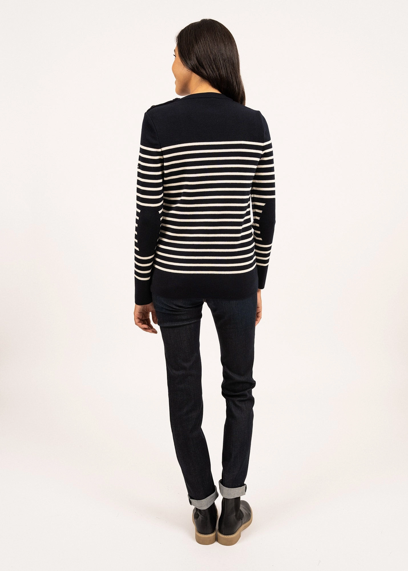 Chilly Comfort Fashion Statement BREGANCON - Breton Striped Sweater with Jacquard Elbow Patch for Women (NAVY / IVORY)