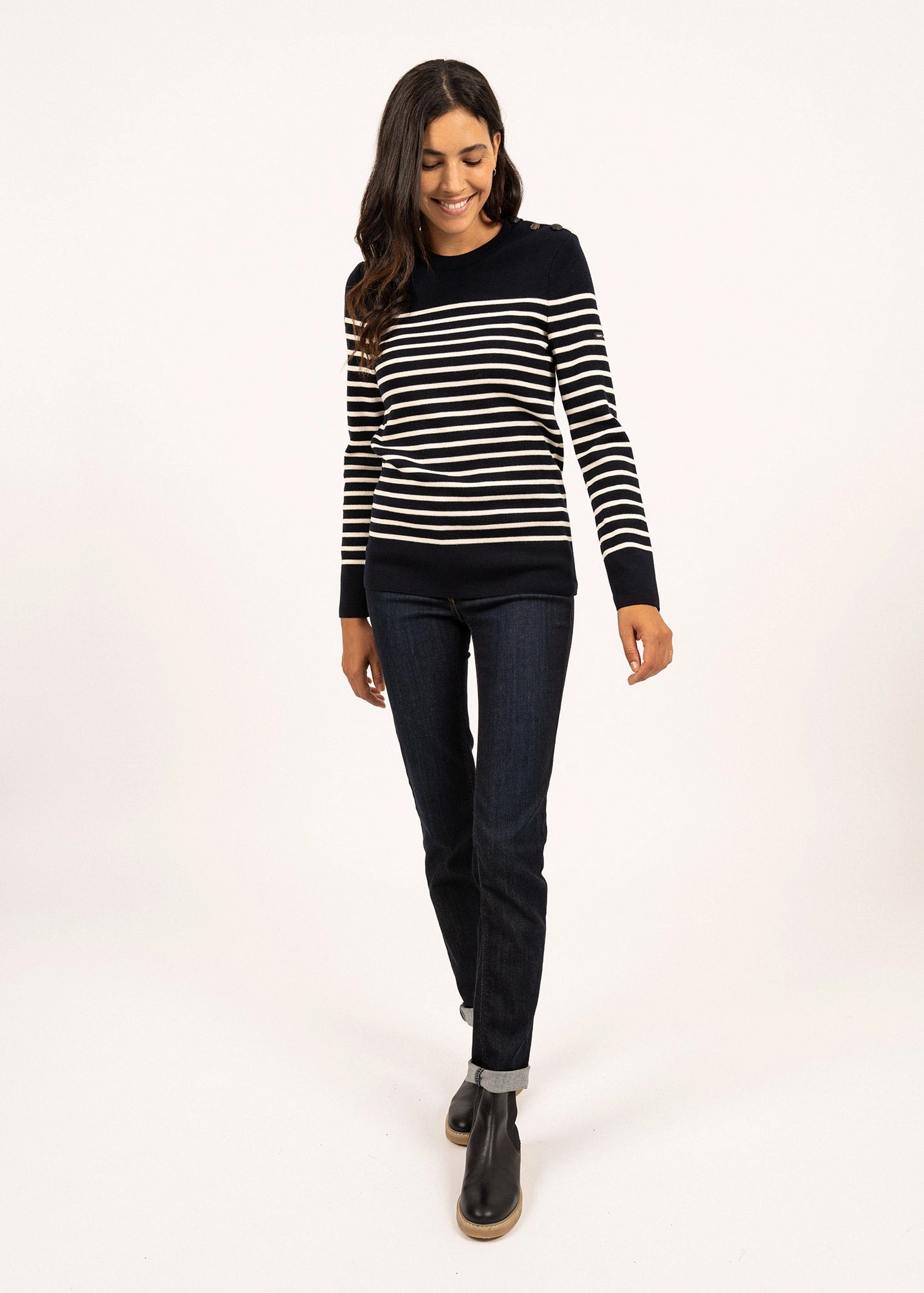 BREGANCON - Breton Striped Sweater with Jacquard Elbow Patch for Women (NAVY / IVORY) Eco Friendly Dye Process Layering Style