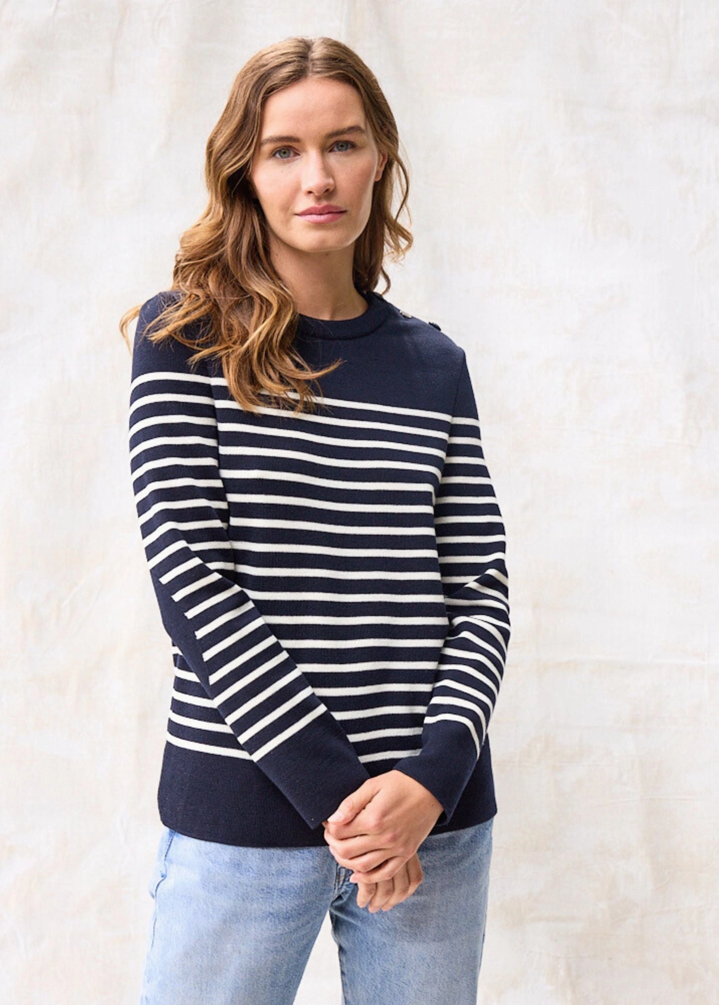 Functional Layer BREGANCON - Breton Striped Sweater with Jacquard Elbow Patch for Women (NAVY / IVORY)