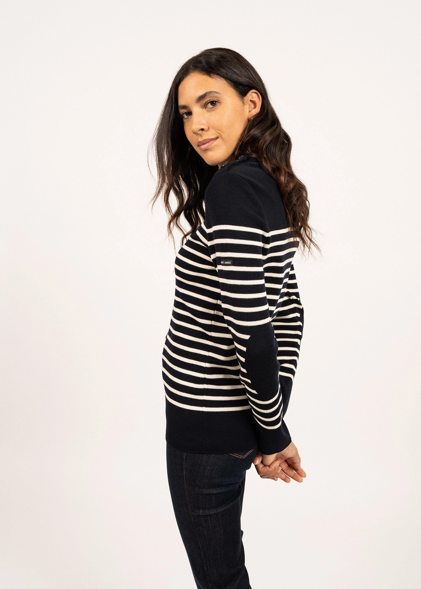 BREGANCON - Breton Striped Sweater with Jacquard Elbow Patch for Women (NAVY / IVORY) Simple Chic Comfy Must-Have