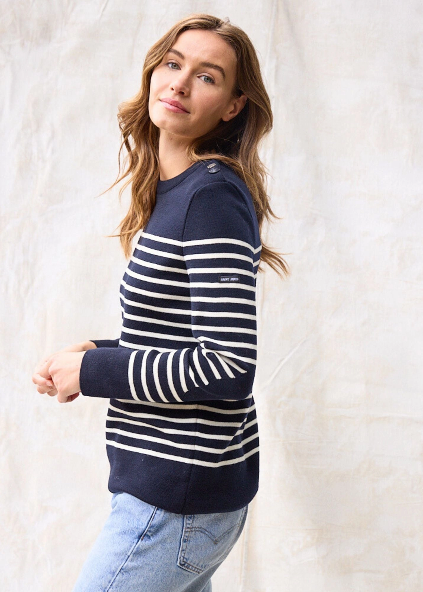 Soft and Cozy Trendy Comfort BREGANCON - Breton Striped Sweater with Jacquard Elbow Patch for Women (NAVY / IVORY)