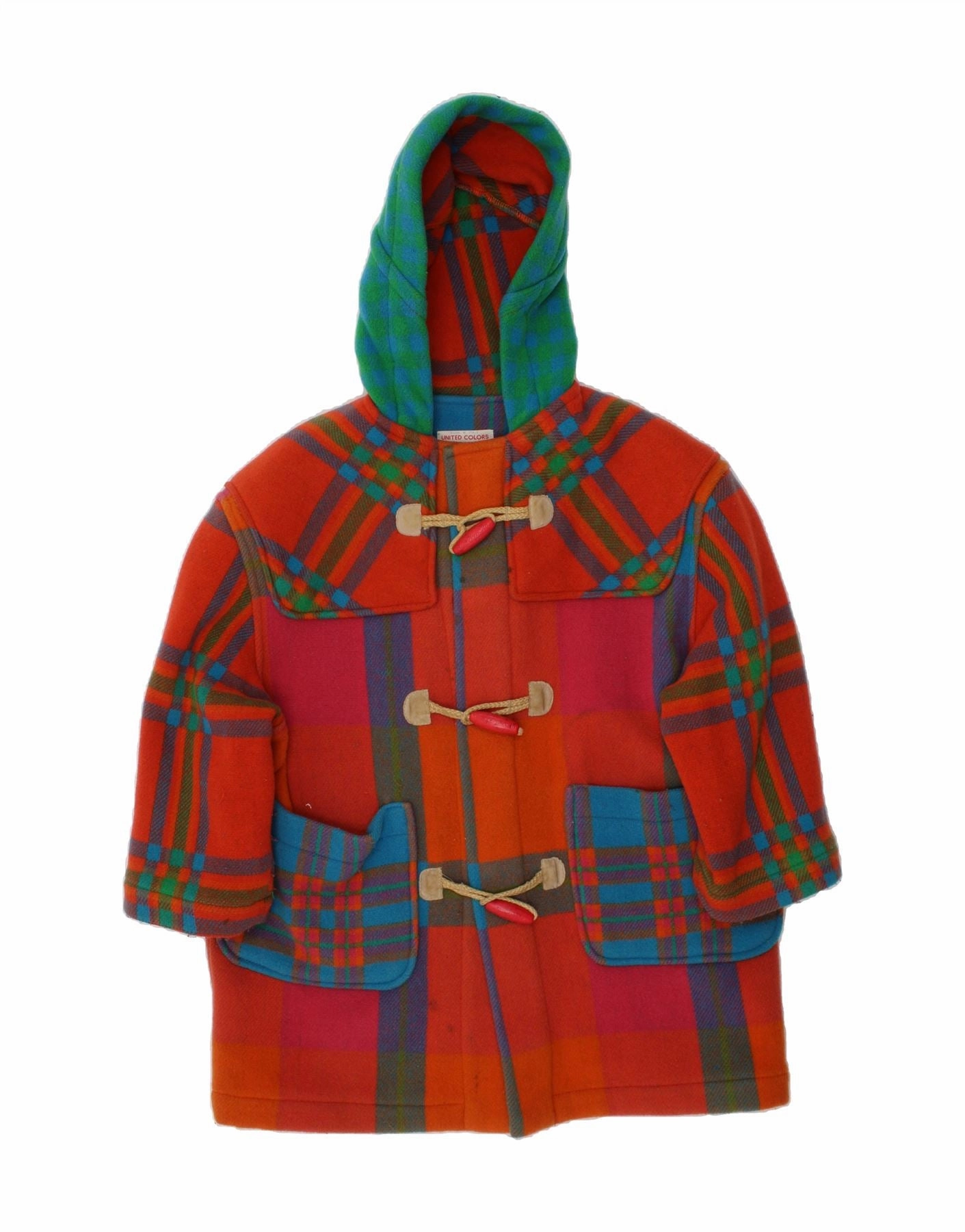 BENETTON Boys Hooded Duffle Coat 13-14 Years Small Orange Check Wool Child Sustainable