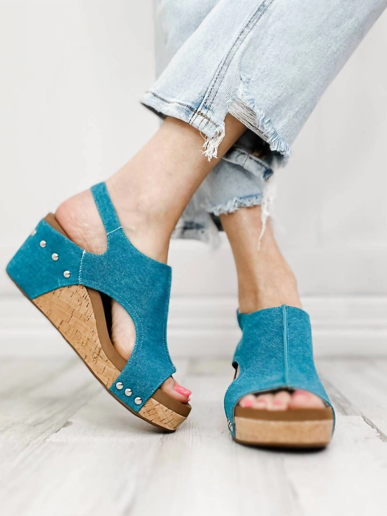 Washed Canvas Carley Wedges In Turquoise Go Casual Bold Buckle