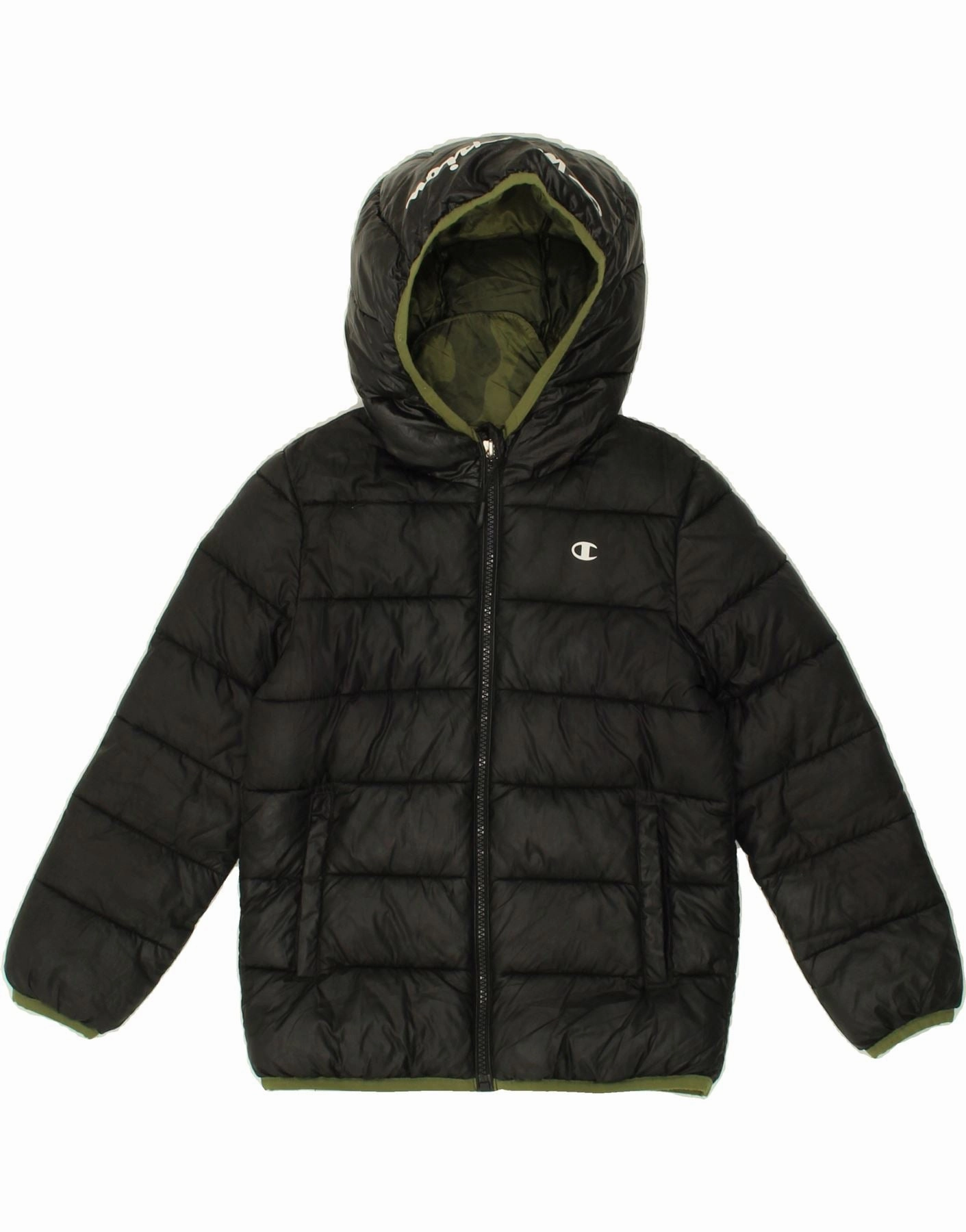 CHAMPION Boys Graphic Hooded Padded Jacket 5-6 Years XS Black Cold Day Engage
