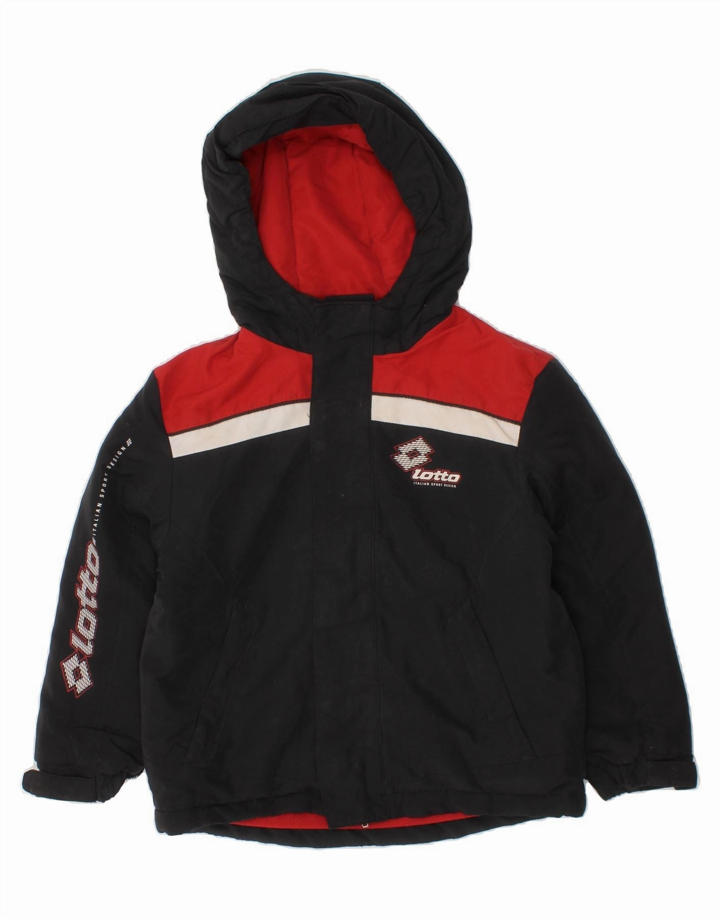 Packable Layer LOTTO Boys Graphic Hooded Windbreaker Jacket 2-3 Years Black Colourblock