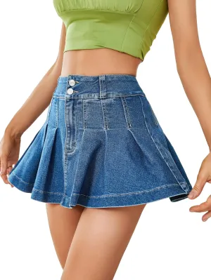 WDIRARA Women's Pleated Denim Skirt High Waisted A Line Button Up Ruffle Casual Mini Skirt