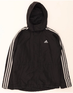 ADIDAS Boys Hooded Windbreaker Jacket 13-14 Years Black Polyester Weatherproof Seams