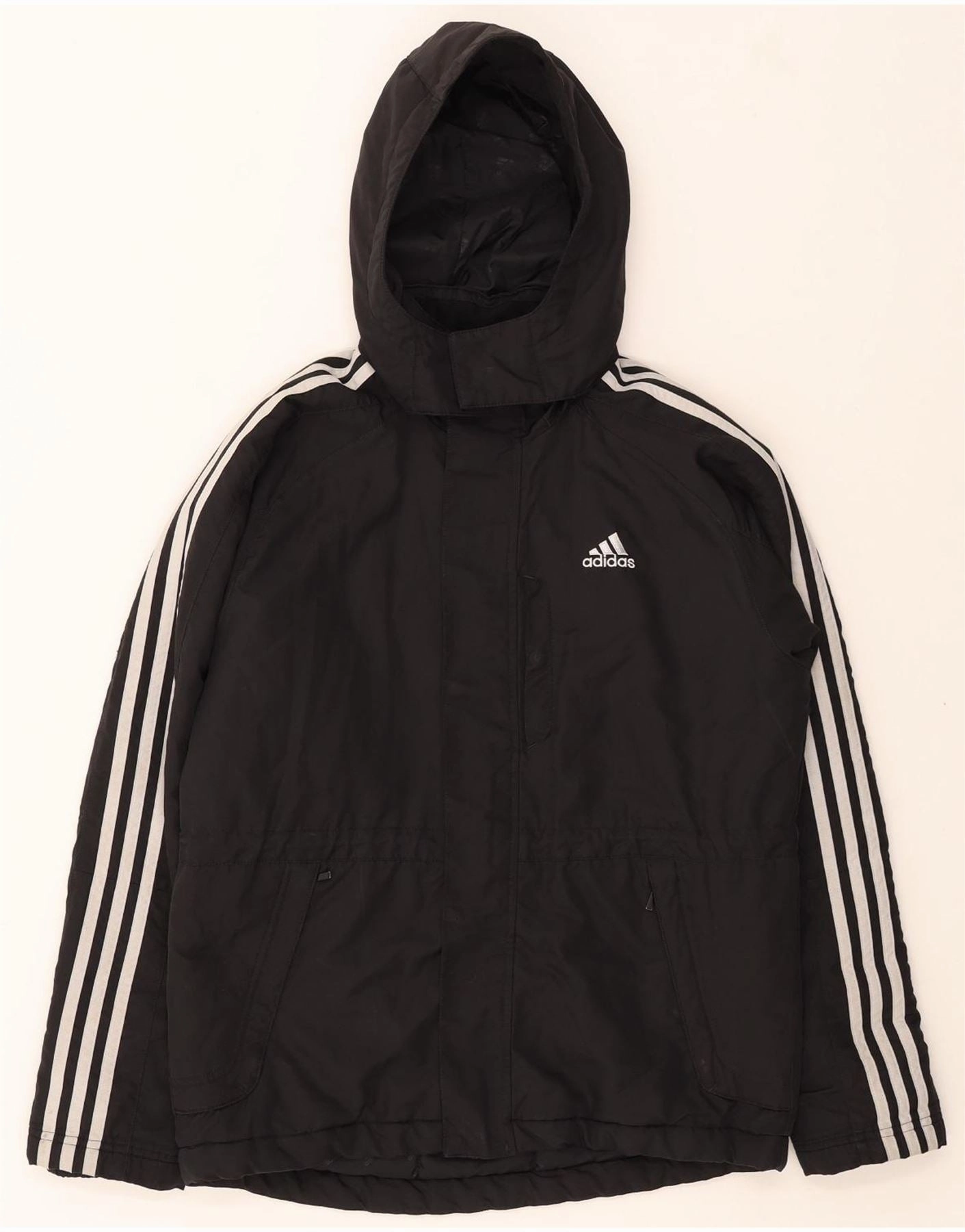 ADIDAS Boys Hooded Windbreaker Jacket 13-14 Years Black Polyester Weatherproof Seams
