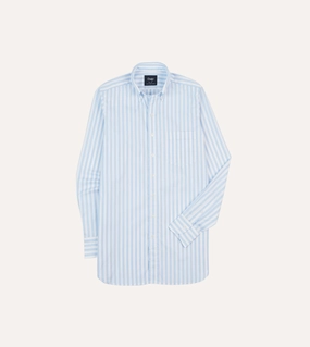 Stylish Detail Reinforced Collar Blue Broad Stripe Cotton Poplin Button-Down Shirt