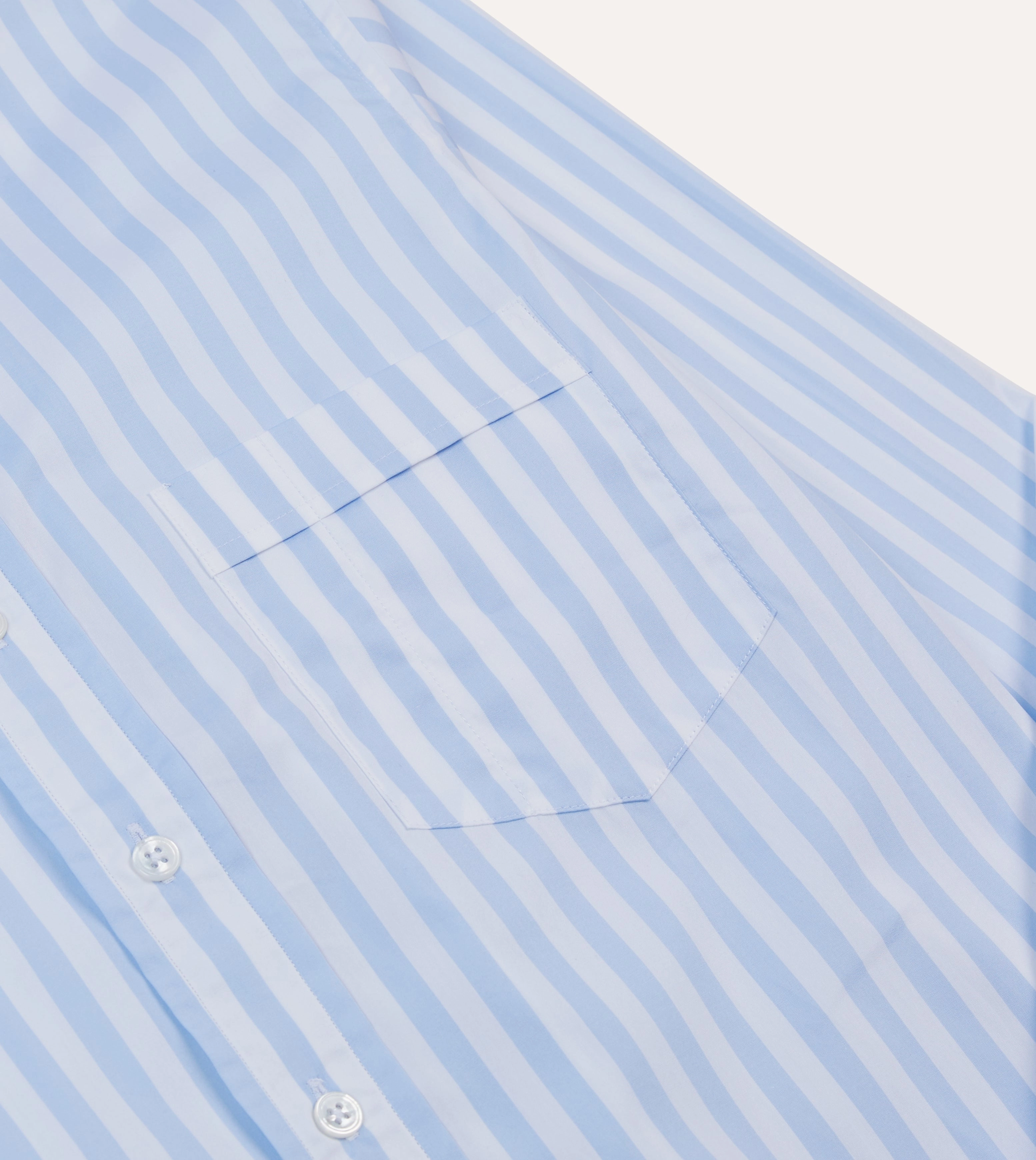 Blue Broad Stripe Cotton Poplin Button-Down Shirt Embroidered Detail