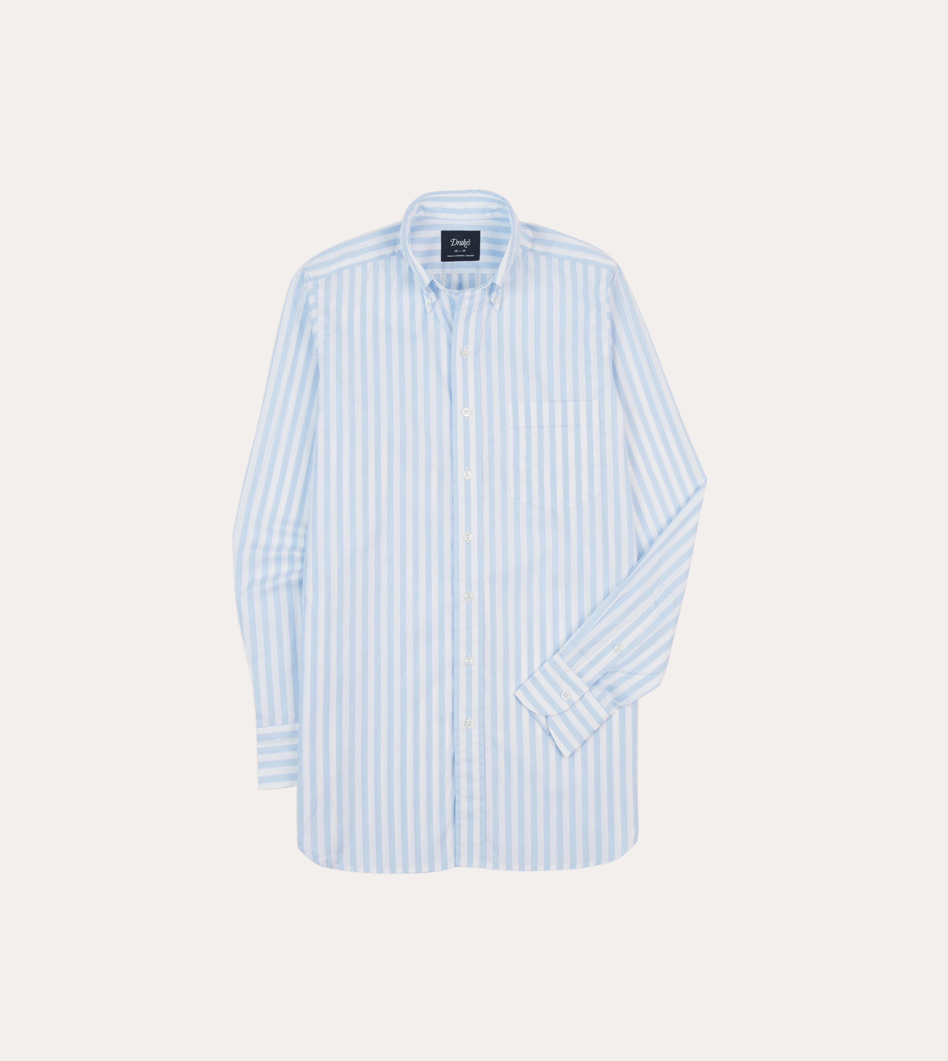 Stylish Detail Reinforced Collar Blue Broad Stripe Cotton Poplin Button-Down Shirt