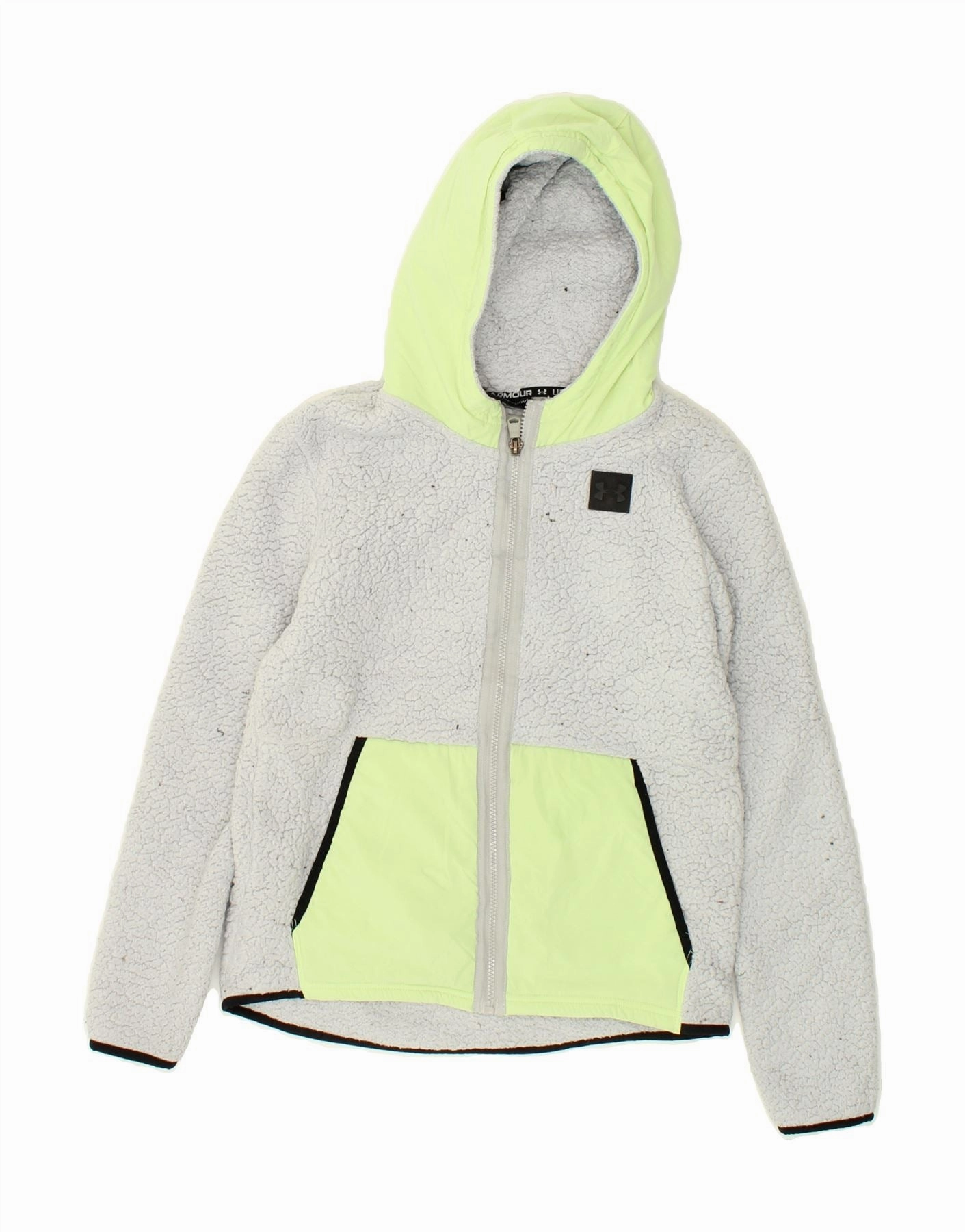 Summer UNDER ARMOUR Boys Hooded Fleece Jacket 11-12 Years Large Grey Colourblock