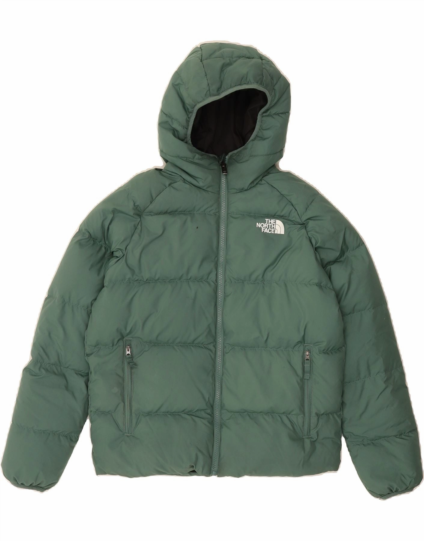 QuiltedPattern THE NORTH FACE Boys Hooded Reversible Padded Jacket 14-15 Years XL Green