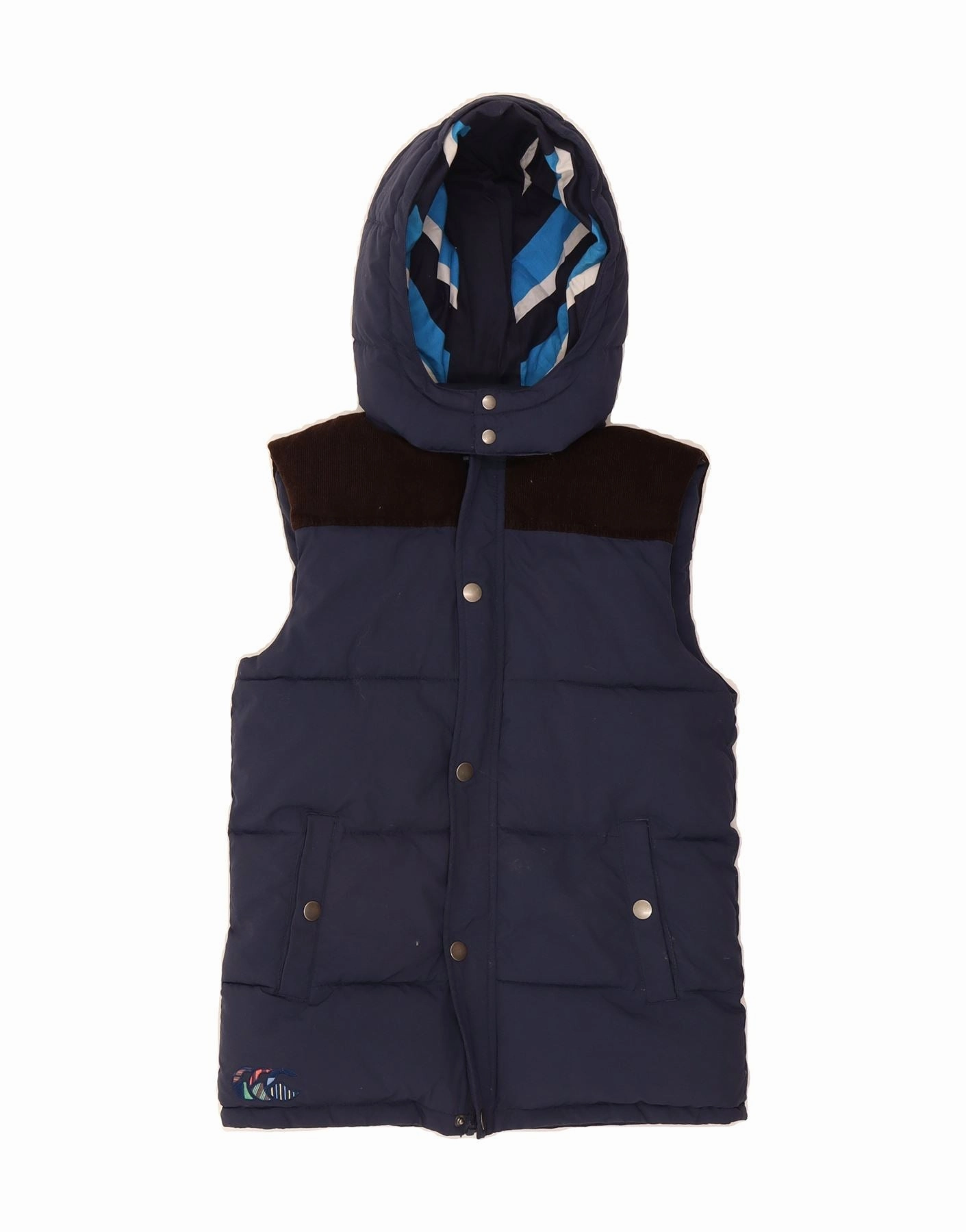CANTERBURY Boys Hooded Padded Gilet 13-14 Years Navy Blue Colourblock Magnetic Closure picnic - goers