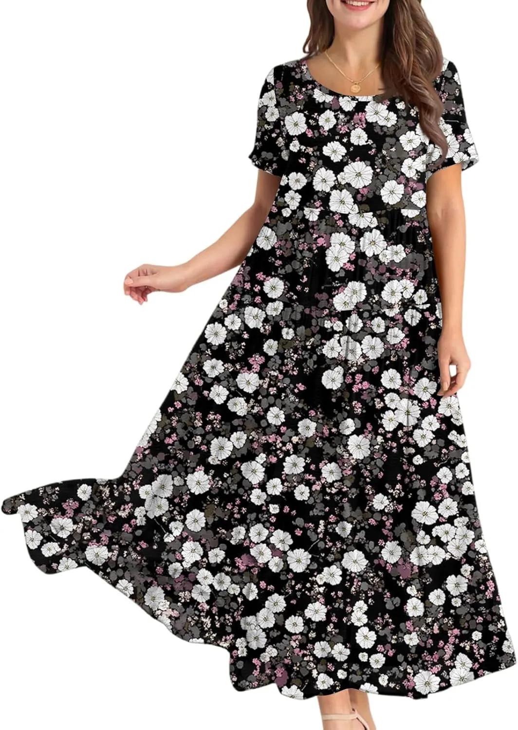 Wedding Guest Dress for Women 2025 Plus Size Casual Loose Floral Graphic Flowy Sundress Summer Short Sleeve Swing Maxi Dress